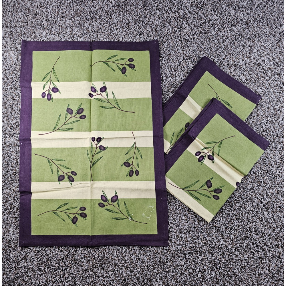 Tag Ltd "Olive Sprig" collection Lot of 3 Dish Towels Purple Green Vintage